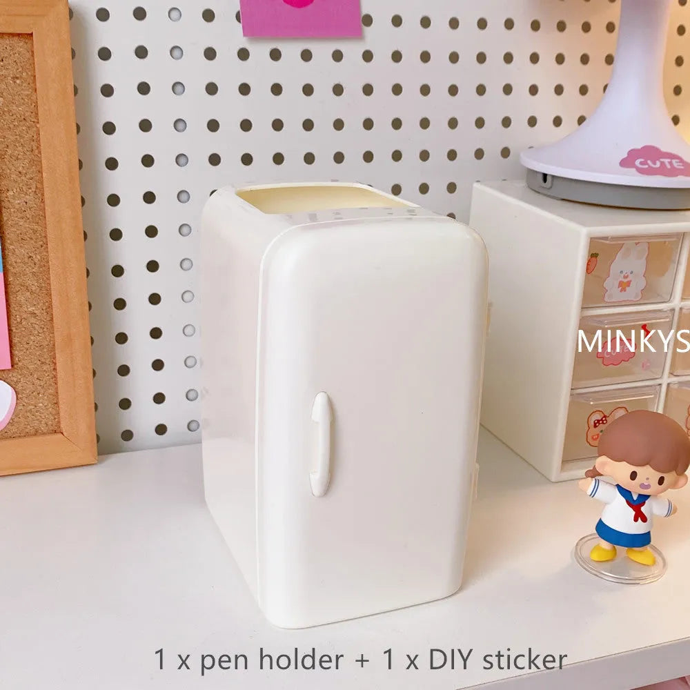 Refrigerator pencil case in PP plastic, 10.7 x 9.8 x 7.5 cm, shown in white, light blue, and pink