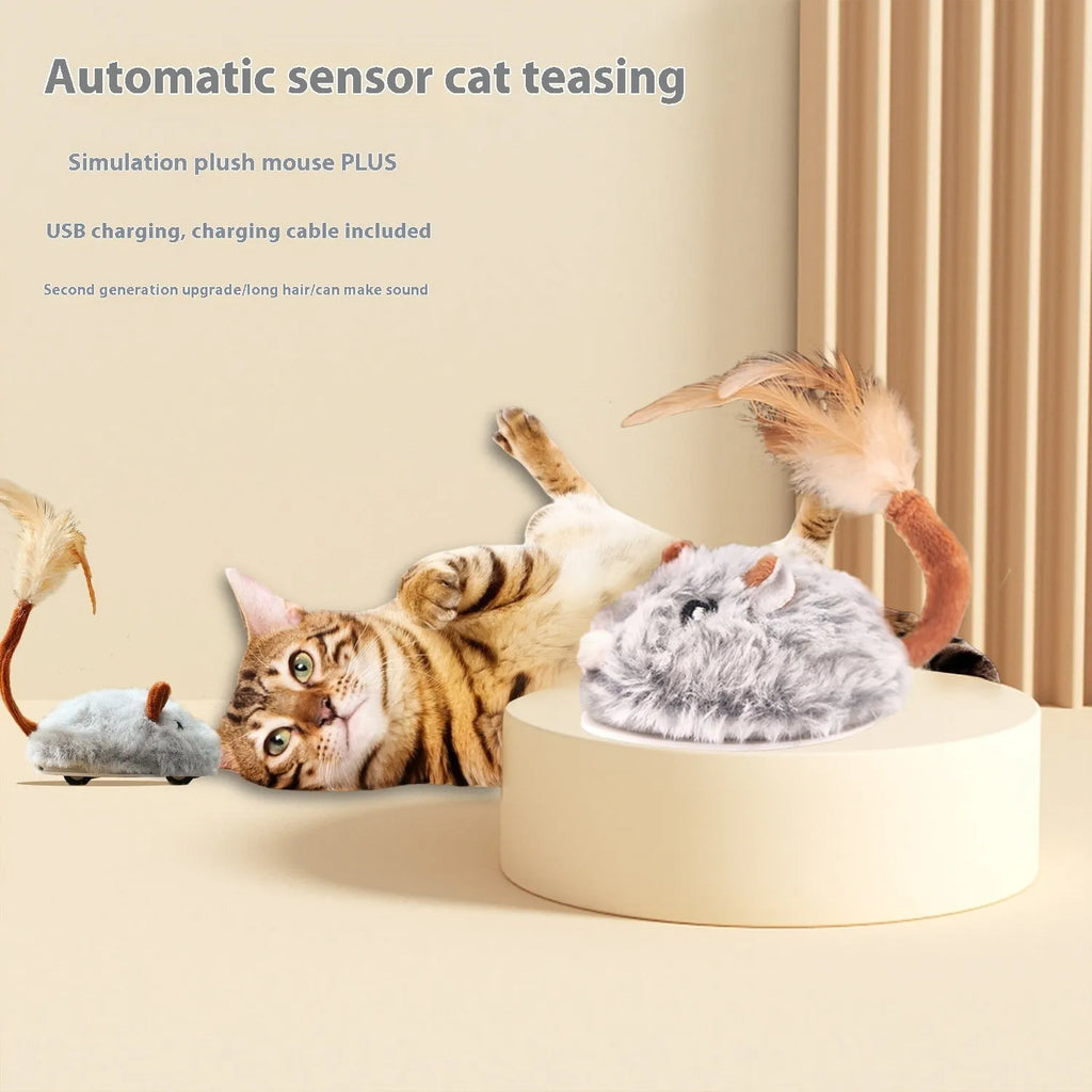 Electric mouse cat pole toy with plush mouse on charging pole in pink, gray, or purple
