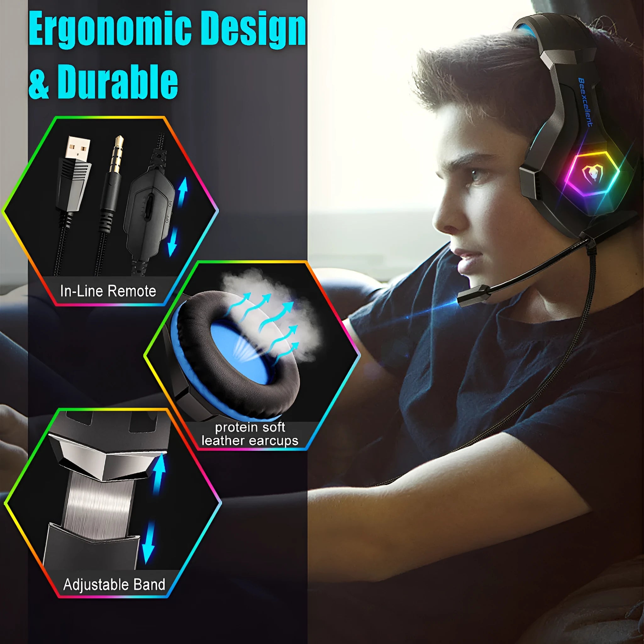 Thunder Wear luminous gaming headset with 50mm drivers and omnidirectional microphone in black with coloured accents