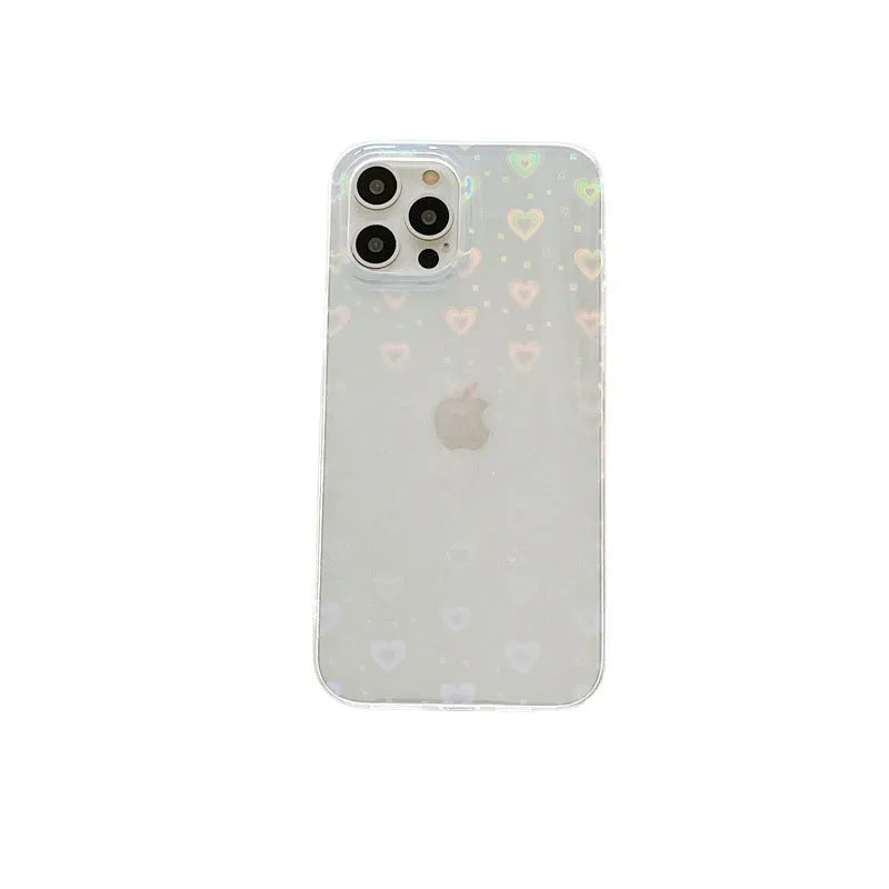 Transparent silicone iPhone case with a laser-etched colourful love pattern.