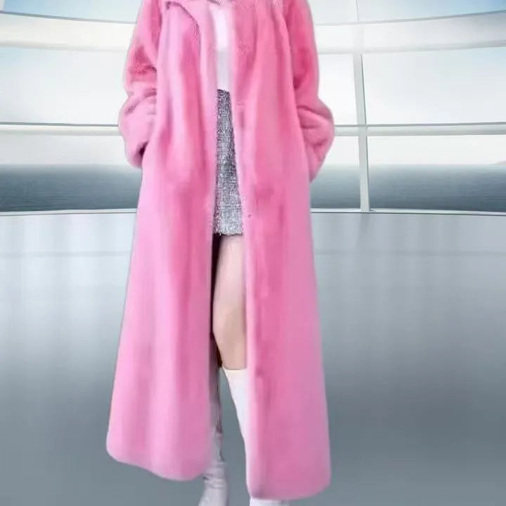 Long brown leopard print faux fur coat on a plus-size model, showing its 100cm length and loose fit.