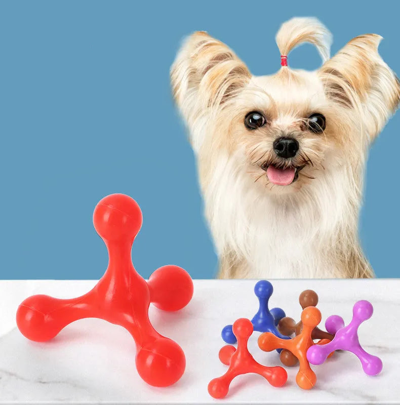 Blue three-legged silicone dog chew toy for small medium breeds on a white background.