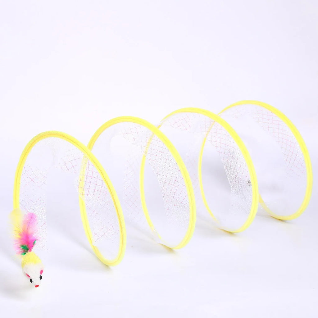 Grey steel frame cat tunnel with elastic netting and attached feather toy for indoor play