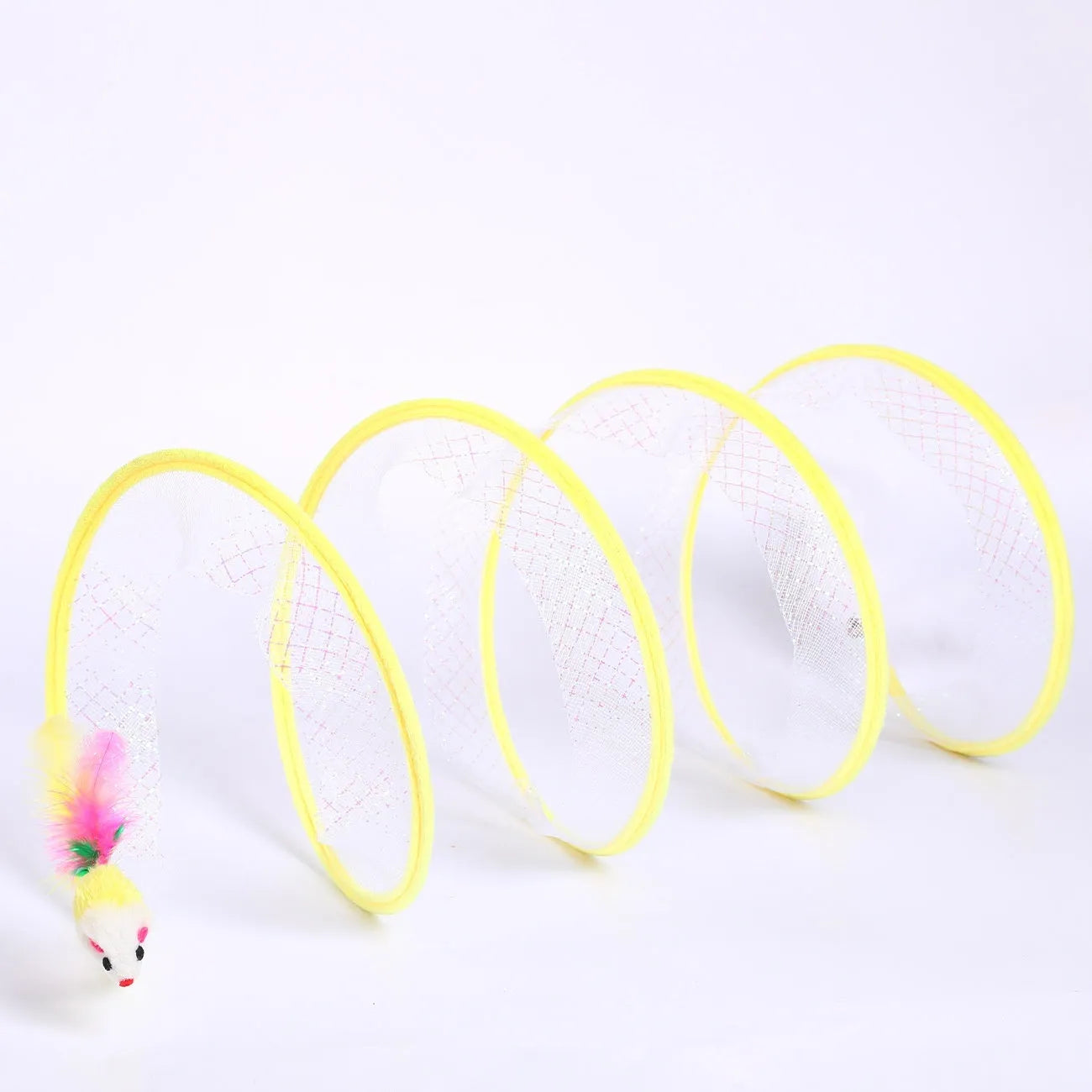 Grey steel frame cat tunnel with elastic netting and attached feather toy for indoor play
