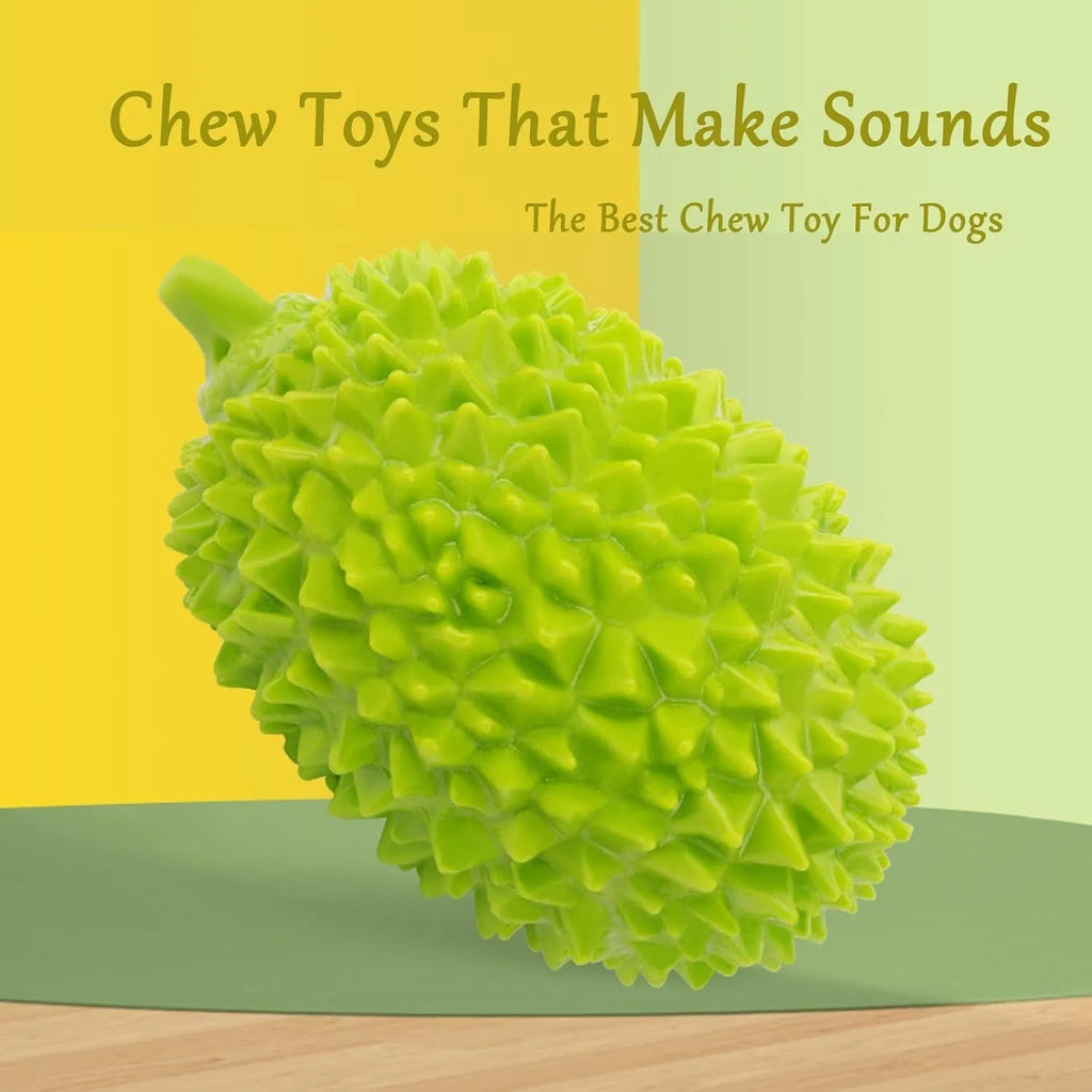 Colourful durian-shaped dog chew toy with textured surface and a squeaky ball