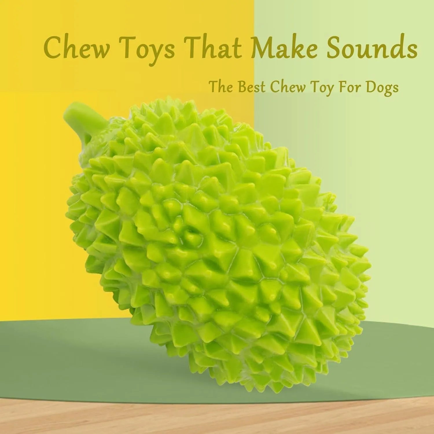Colourful durian-shaped dog chew toy with textured surface and a squeaky ball