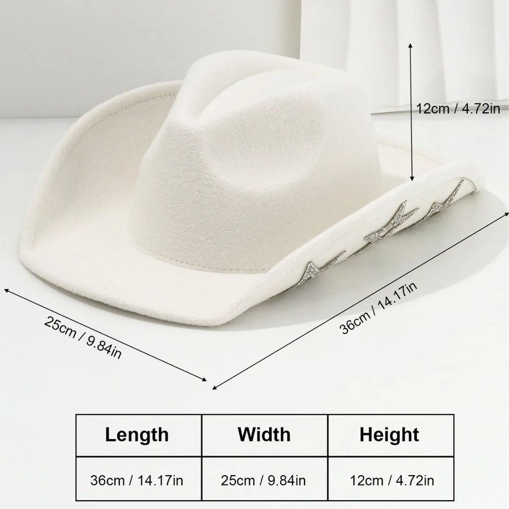 Beige western-style conical top hat with a hexagonal star decoration on the front.
