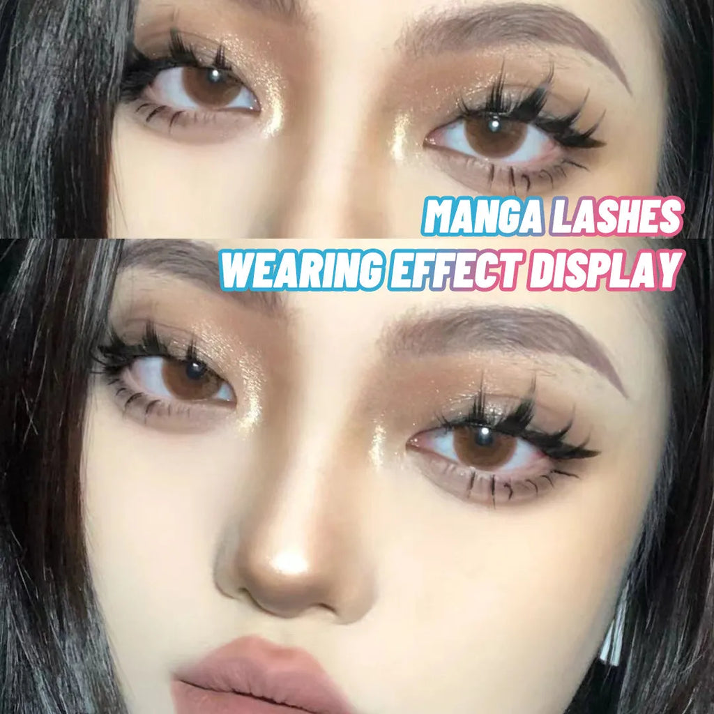 Pack of black manga style false eyelashes with natural wispy length for Korean makeup and cosplay.