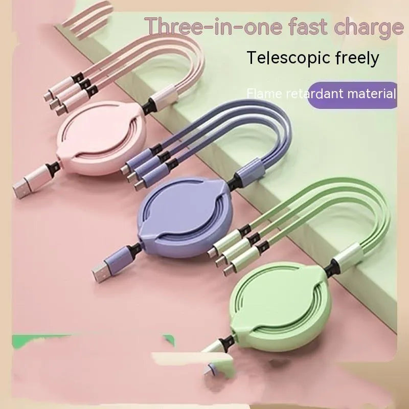 Multifunctional liquid silicone three-in-one charging cable 1.2m with Micro USB Type-C and Apple connectors in green