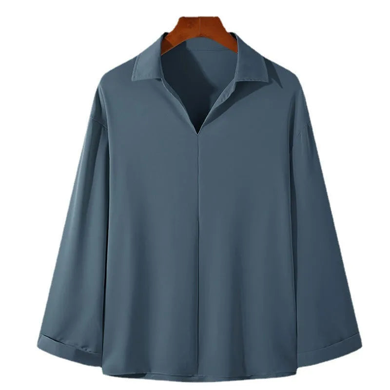 Men's loose lapel casual shirt in a solid colour, shown in a light business style with long sleeves.