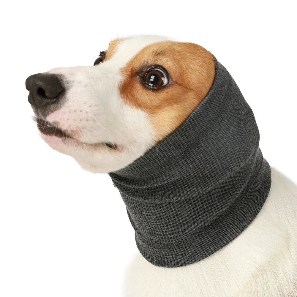 Blue or grey polyester headband scarf for a dog, shown in small, medium, and large sizes.