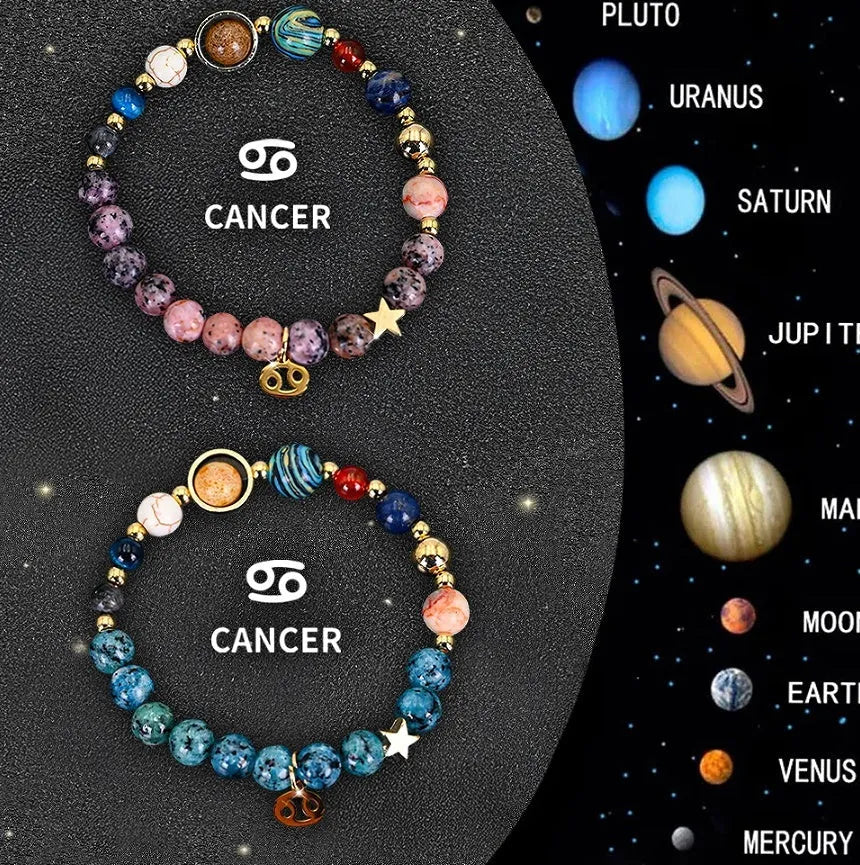 Two natural stone beaded bracelets with adjustable knots on a wooden surface, showing zodiac charm detail.