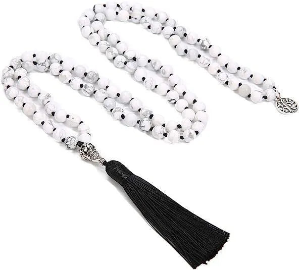 Handmade long necklace with 108 knotted 8mm natural stone beads in geometric shapes.