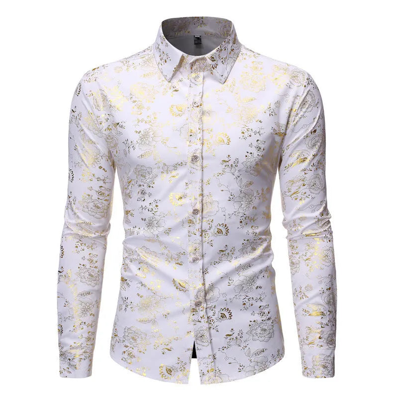 Man wearing a metallic bronzing print cardigan shirt in elastic polyester fabric.