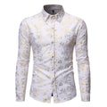 Man wearing a metallic bronzing print cardigan shirt in elastic polyester fabric.