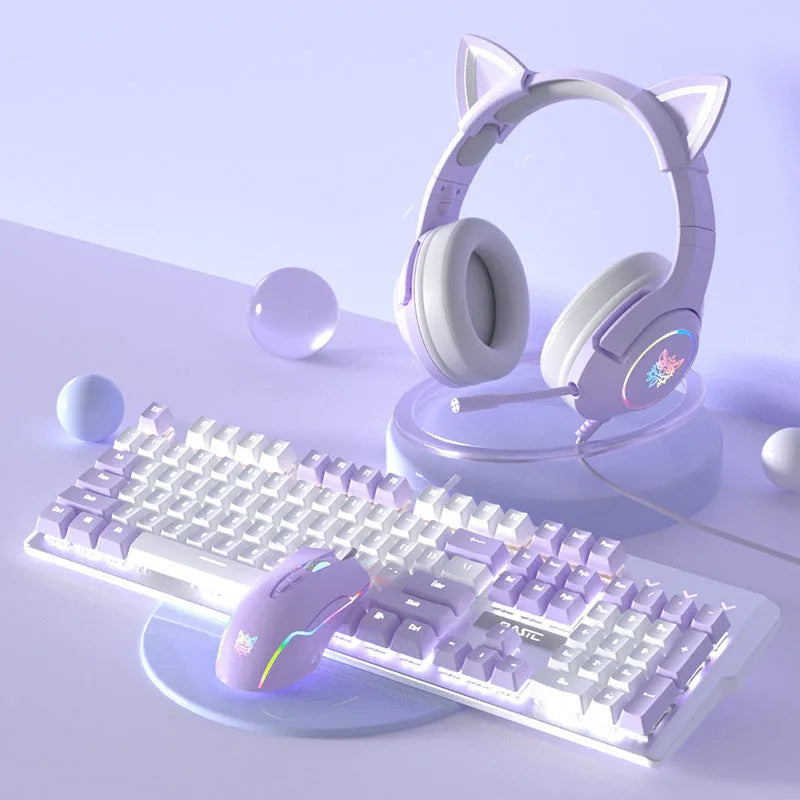 White and purple backlit wired mechanical keyboard and mouse gaming bundle on a desk.