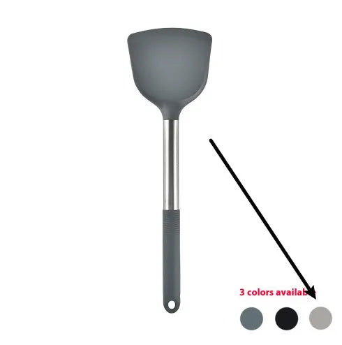Black silicone kitchen utensil set with 12 tools in a rotating storage bucket on a kitchen countertop