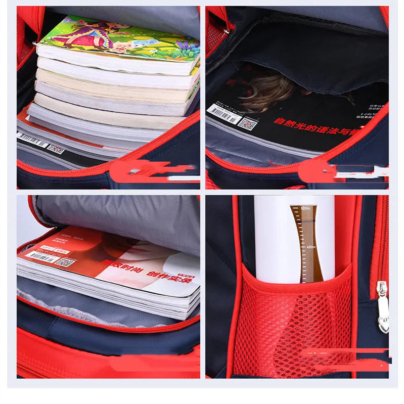 Cartoon print children's nylon backpack in blue colours with a pencil case.