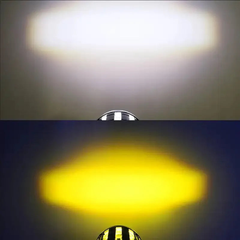 Aluminium and PC dual-lens motorcycle spotlight with white or yellow light, dimensions 6cm x 6cm x 7cm.