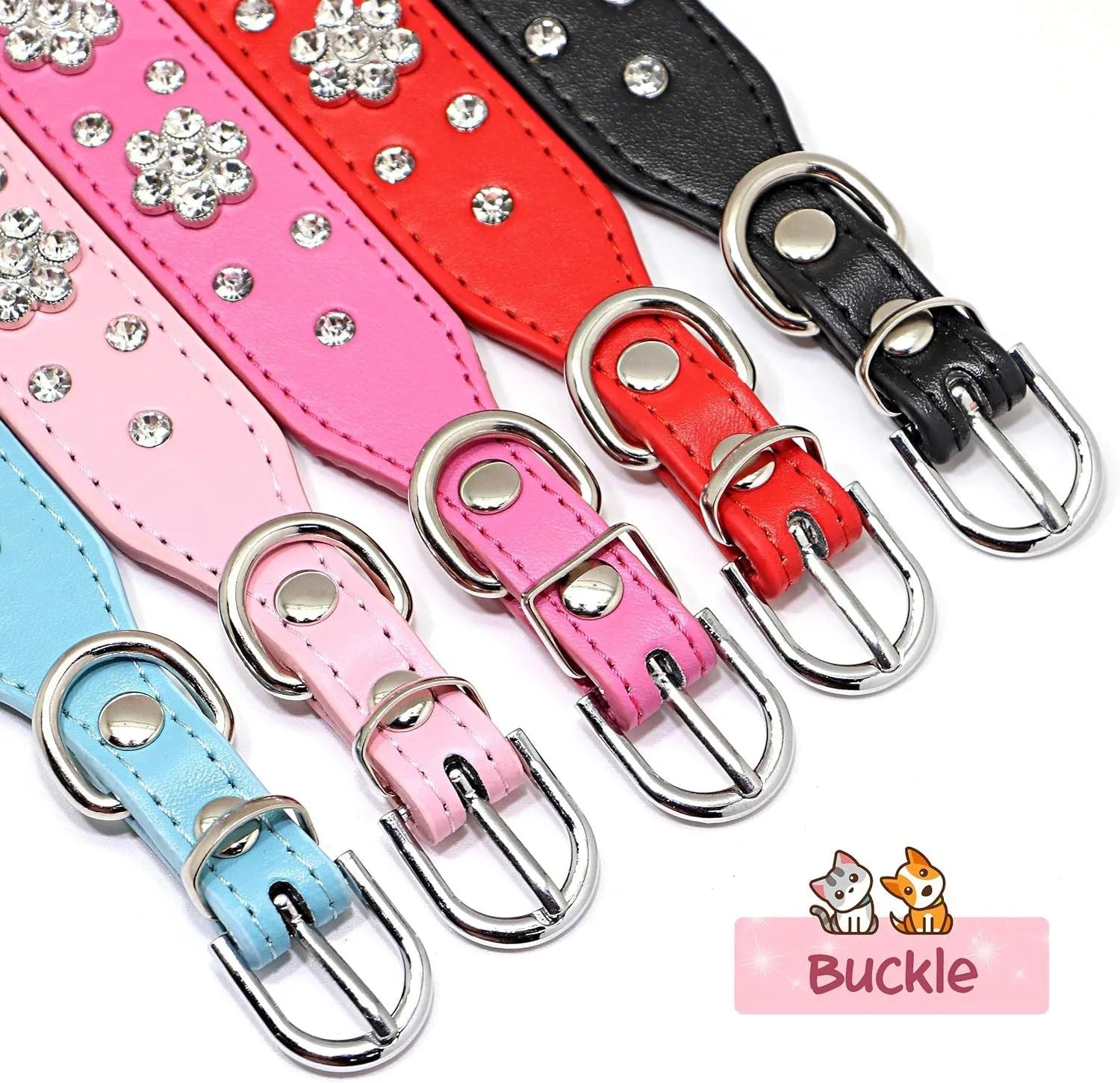 A black PU leather dog collar with glittering rhinestone flower studs and a metal D-ring.
