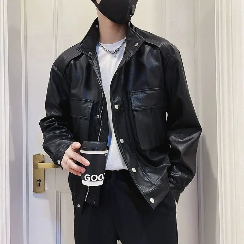 Korean-style men's black PU leather jacket with straight hem and side pockets