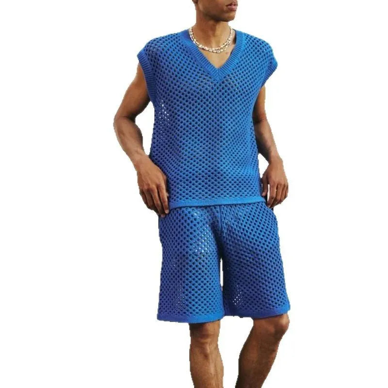 Men's blue V-neck vest and shorts suit for summer sports activities