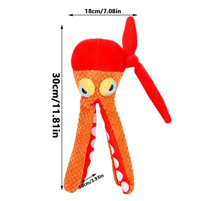 Orange octopus plush dog toy with squeaker measuring 24cm length for interactive play