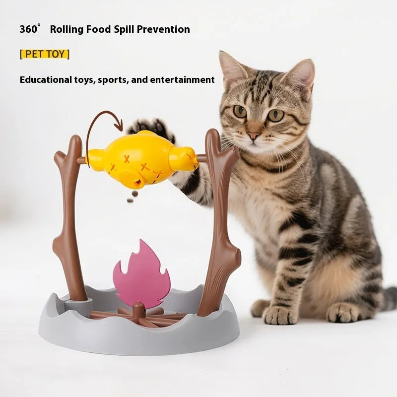 Large barbecue-themed tumbling cat feeder toy on floor, dimensions 30cm by 30cm by 29cm.