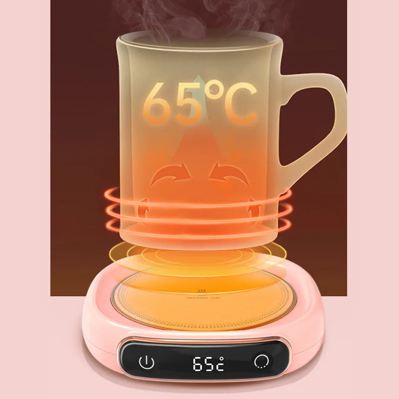 White USB coffee mug warmer plate on wooden desk with measurement showing 130x110mm dimensions