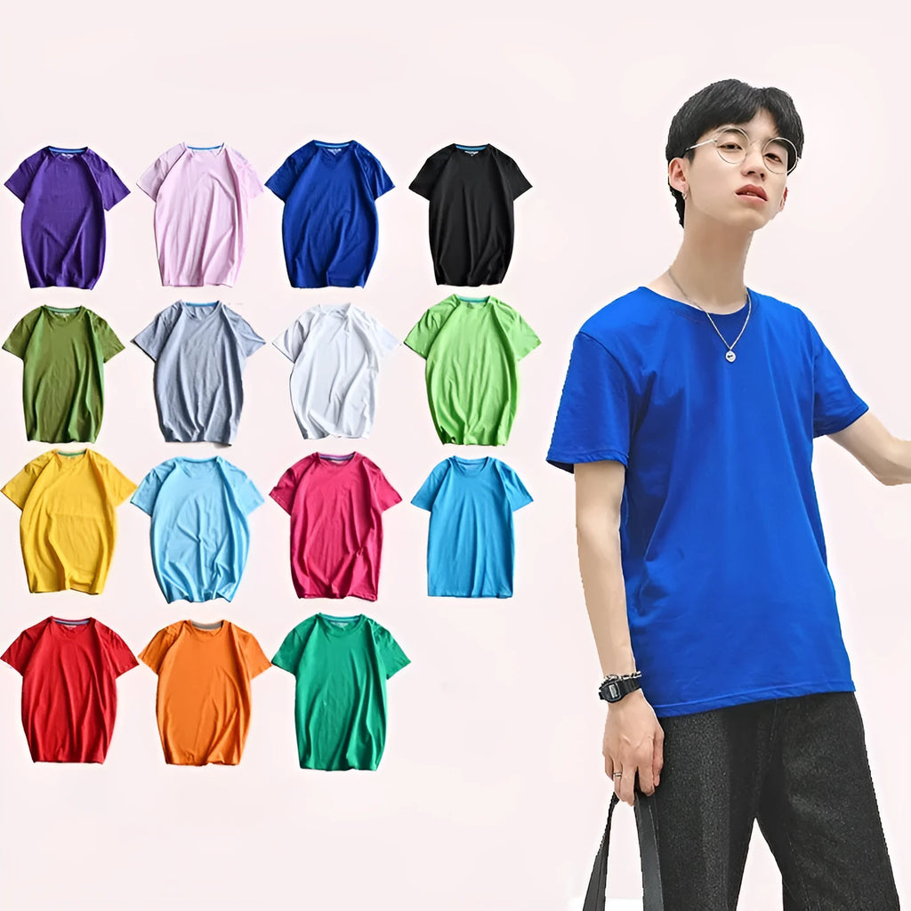 Men's solid colour round neck cotton t-shirt on a hanger, showing the short sleeve and blank front design.