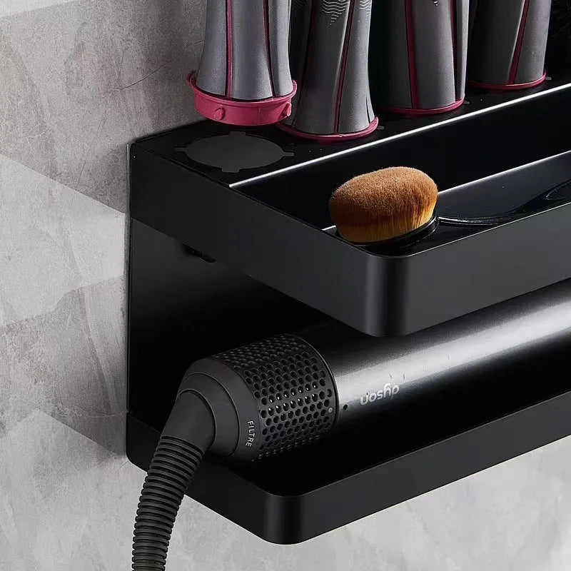 White punch-free double-layer aluminium bathroom storage rack for hair curlers on a countertop.