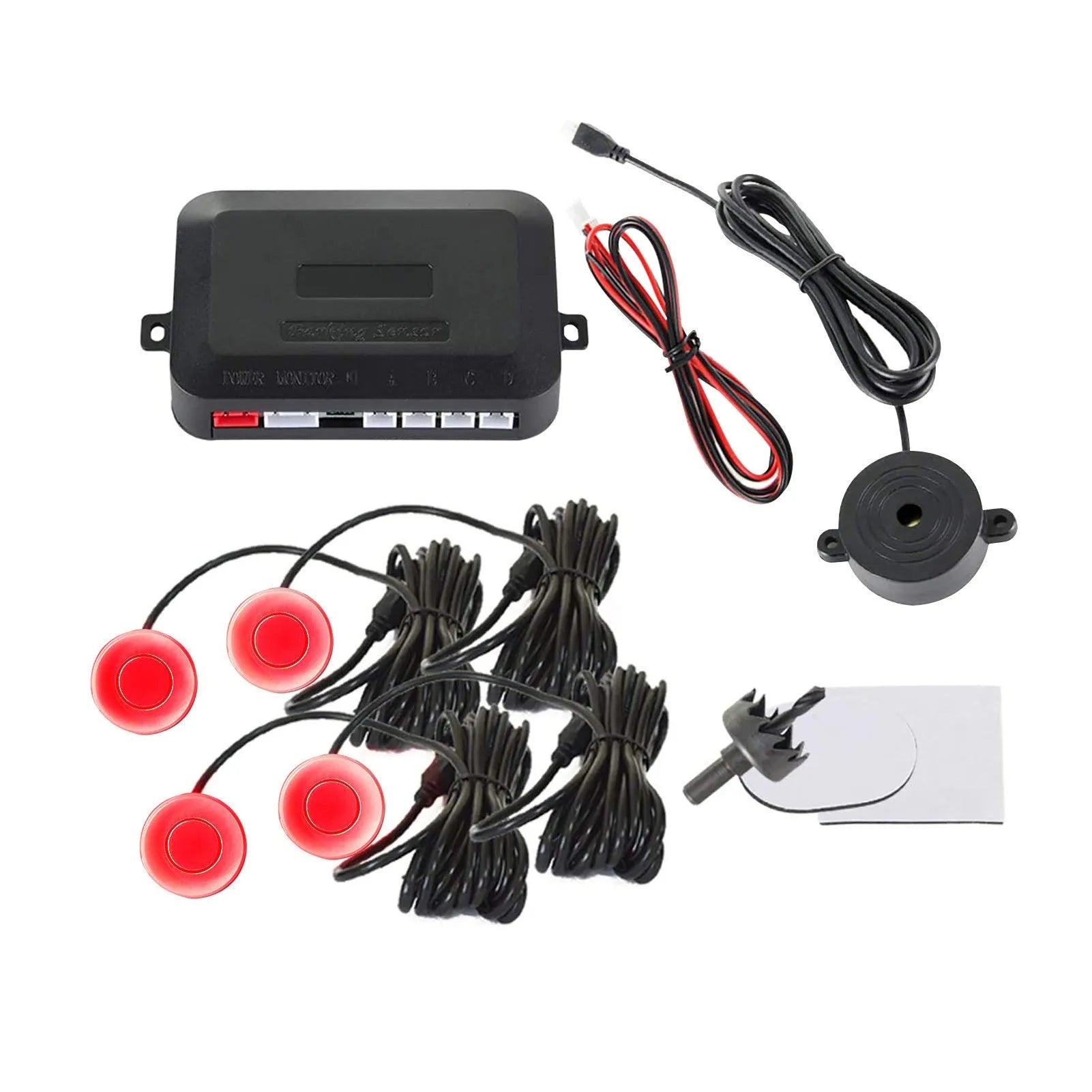4-probe buzzer-only car reversing radar kit with sensors, control module, and hole saw on a grey background.