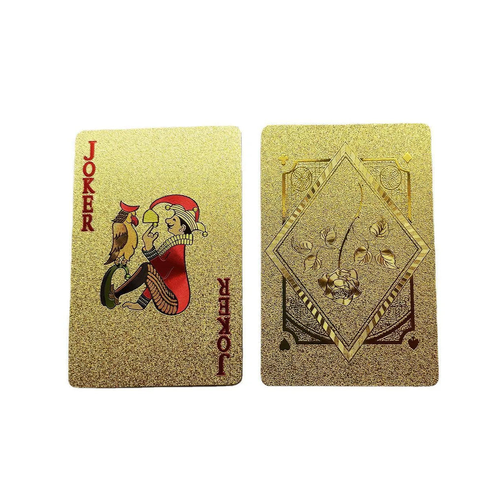 Four gold foil playing cards with rose and gold designs showing Tuhao gold, gold rose, silver rose, and black rose patterns