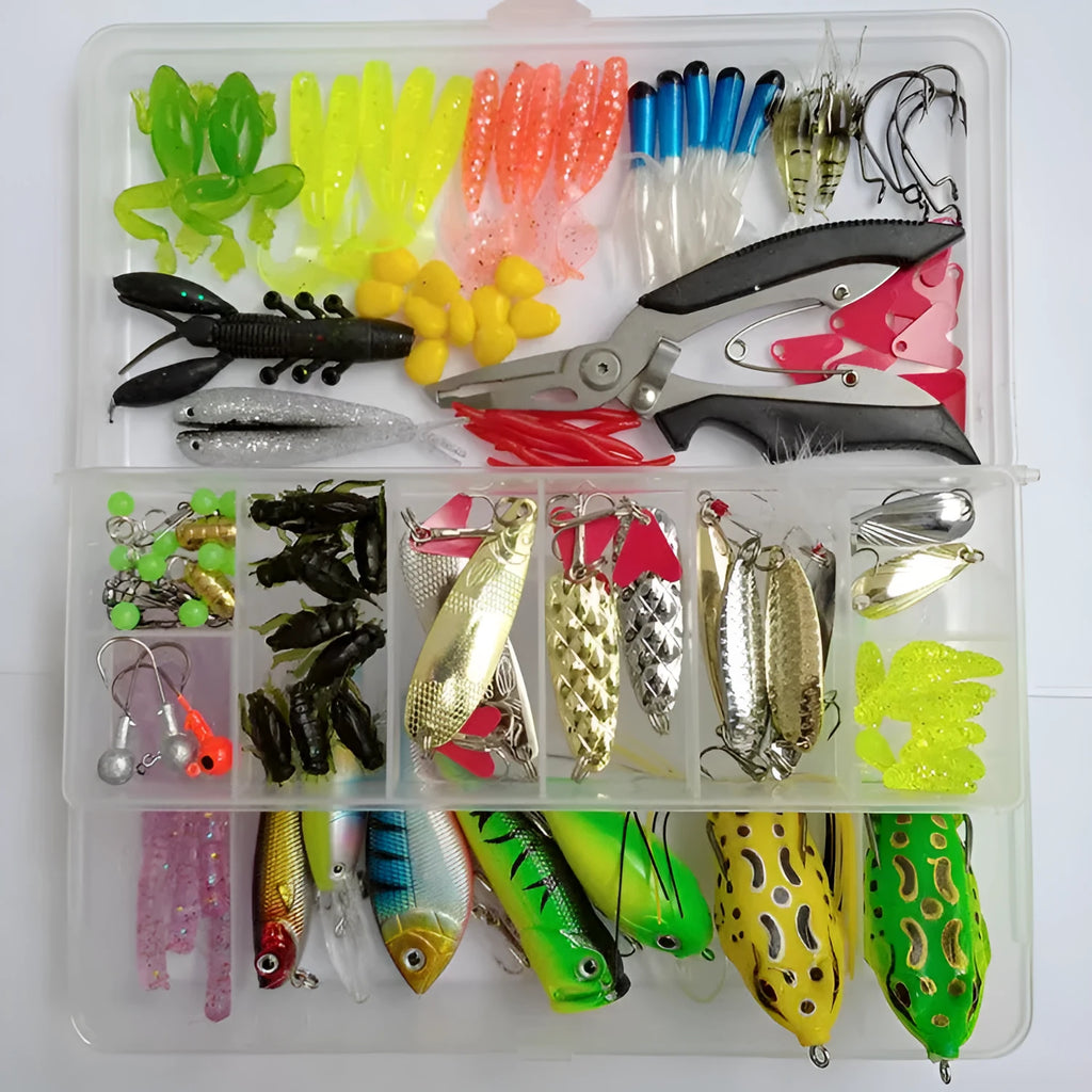 Fishing lure collection showing metal hard mino baits with sequins, plastic lures, fishhooks and fishing pliers
