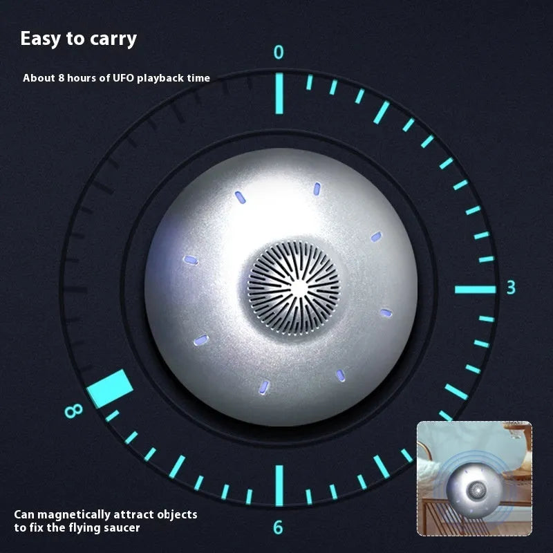 Black automatic lifting magnetic levitation Bluetooth speaker floating above its base.