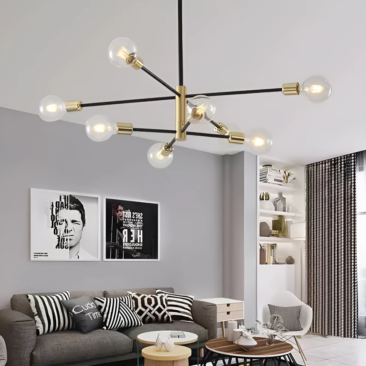 Nordic modern minimalist chandelier 65cm golden finish 6 heads ceiling light for study living room