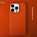 Handmade genuine leather half pack phone case for iPhone 16 series in orange, showing back and side coverage.