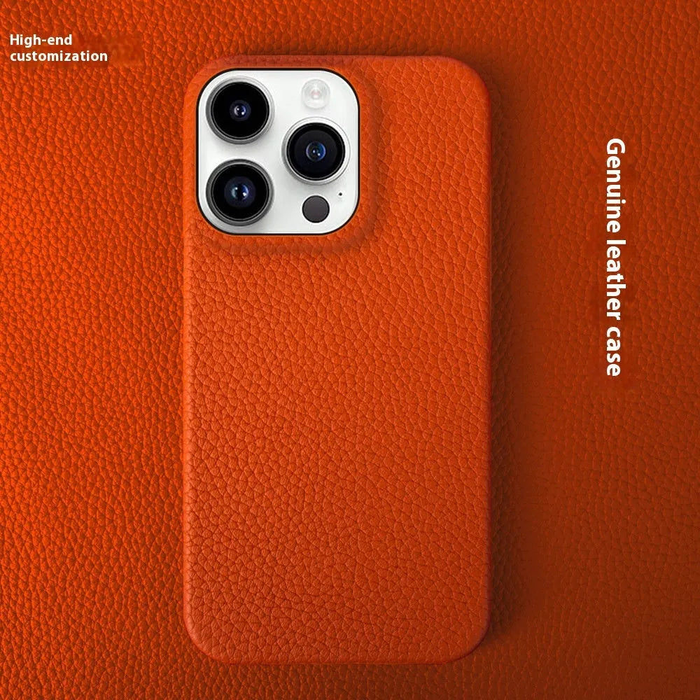 Handmade genuine leather half pack phone case for iPhone 16 series in orange, showing back and side coverage.