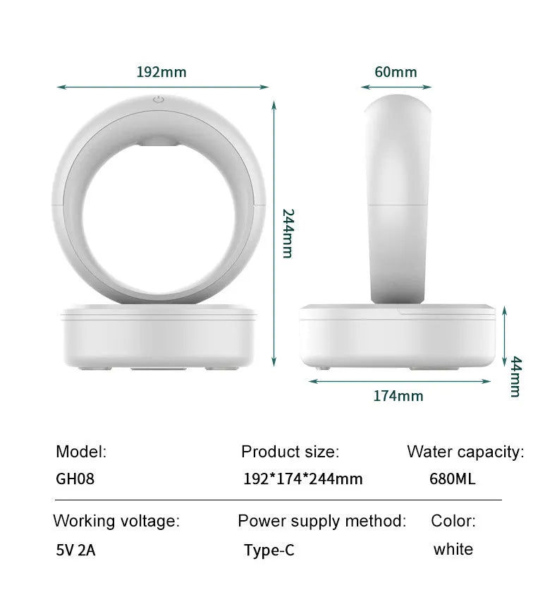 White round anti-gravity air humidifier with levitating water droplets on a desk