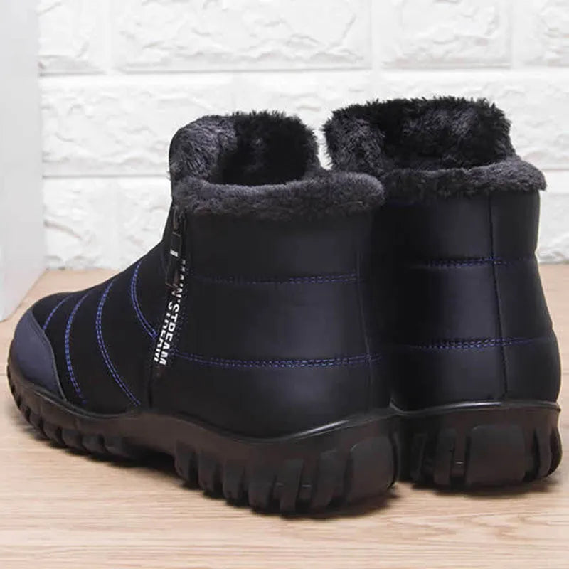 Men's waterproof winter boots in black with canvas upper, plush lining, side zip and flat polyurethane sole