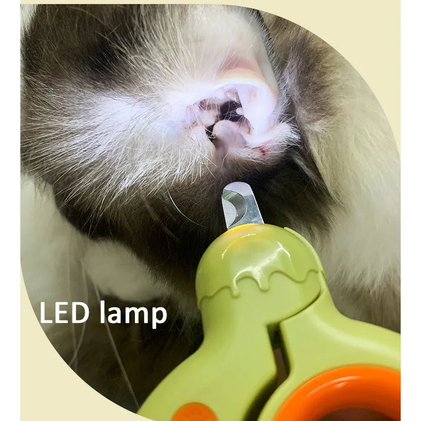 Blue pet nail clippers with LED light on, showing stainless steel blades and ergonomic handle.
