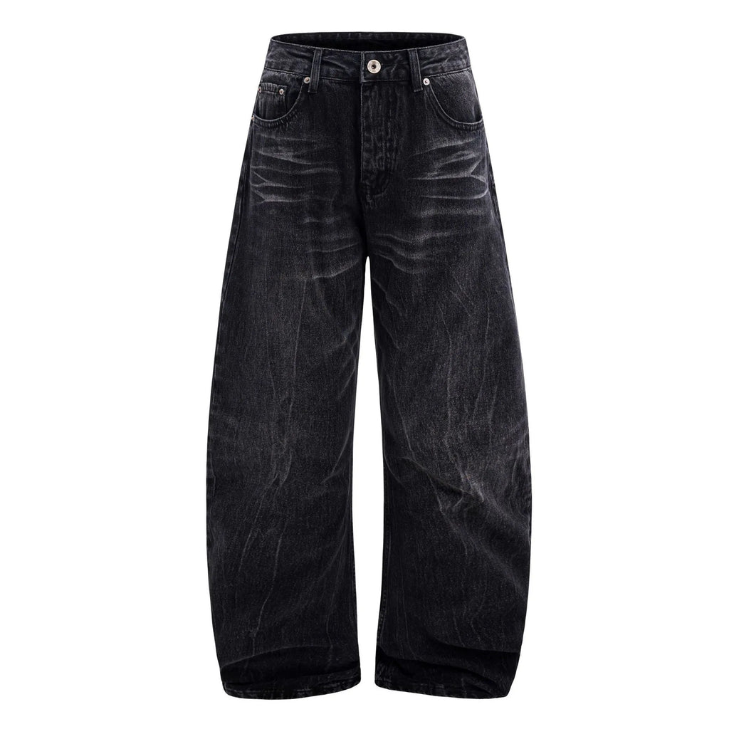 Men's black straight-leg jeans with lightning crack distressing on cotton denim