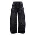 Men's black straight-leg jeans with lightning crack distressing on cotton denim