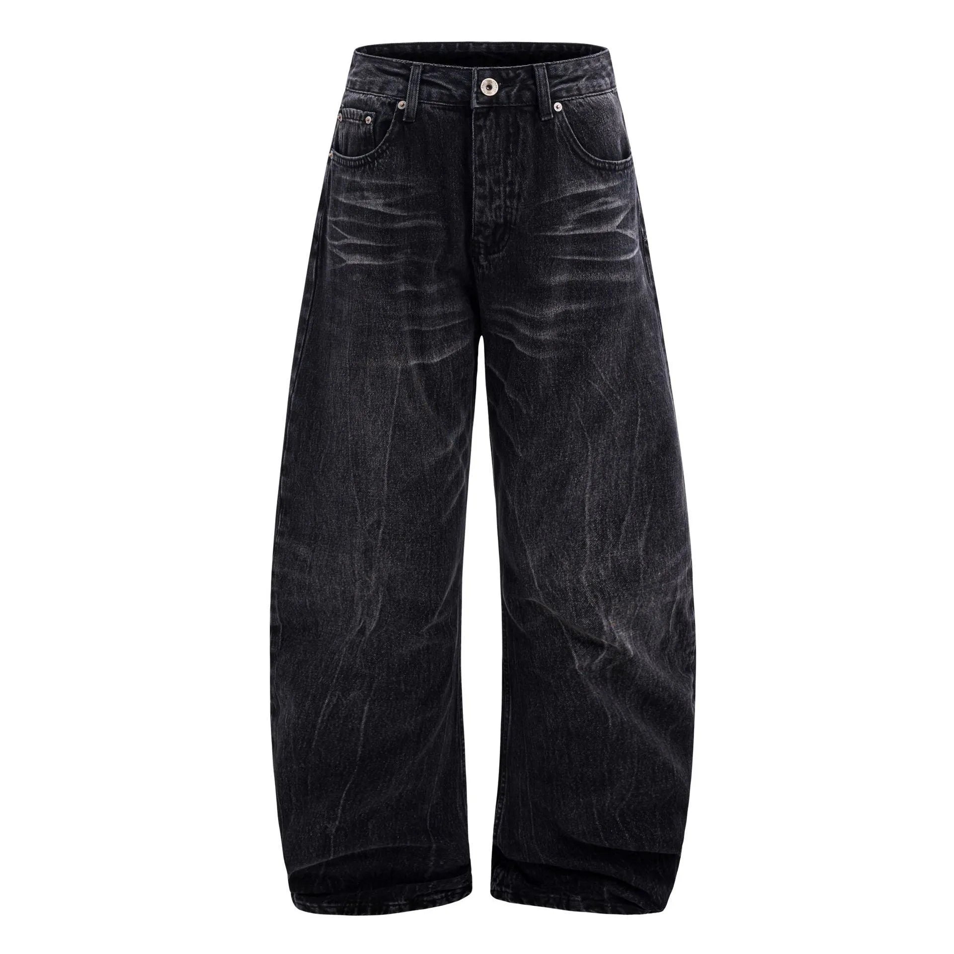 Men's black straight-leg jeans with lightning crack distressing on cotton denim
