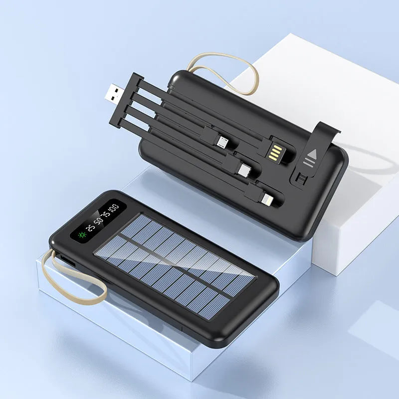 Solar Super Capacity Power Bank in black or white, showing solar panel and compact 144mm design.