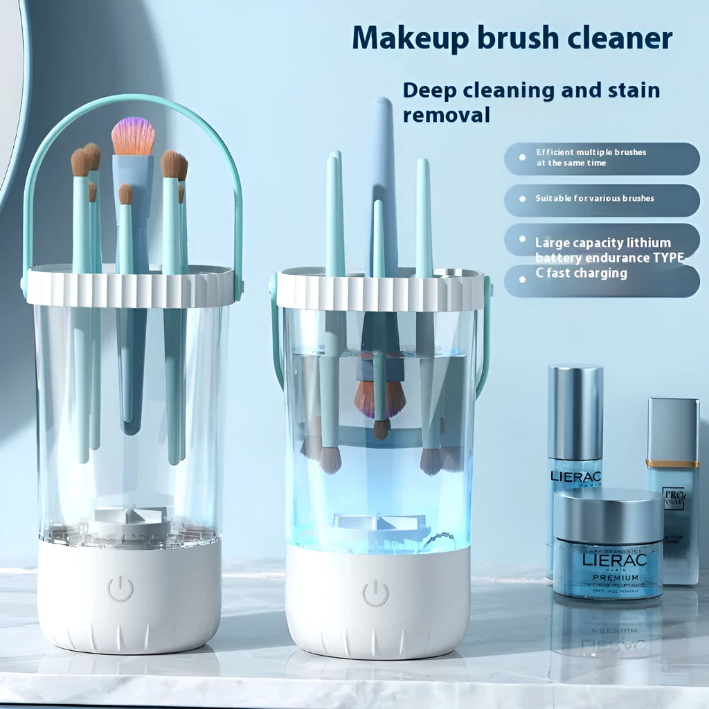 White rechargeable electric makeup brush cleaning device with data cable.