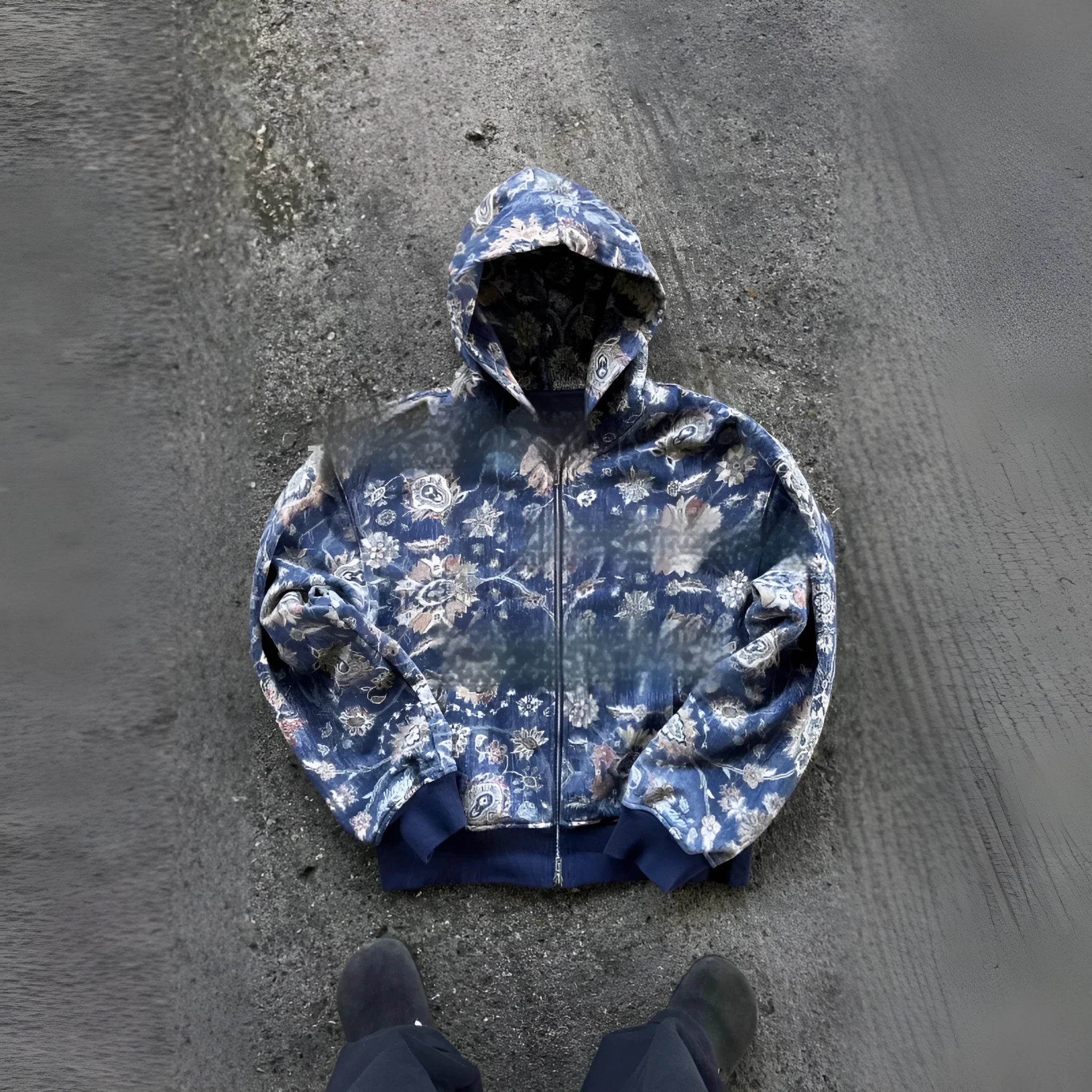 Man wearing a loose-fitting blue hooded zip coat with long sleeves for casual autumn wear.