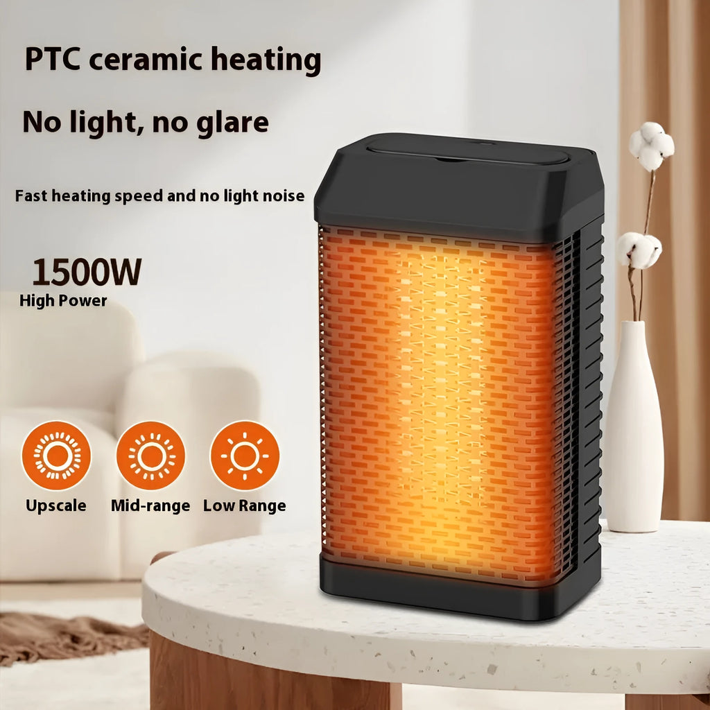 Black desktop smart heater with remote control on a wooden desk
