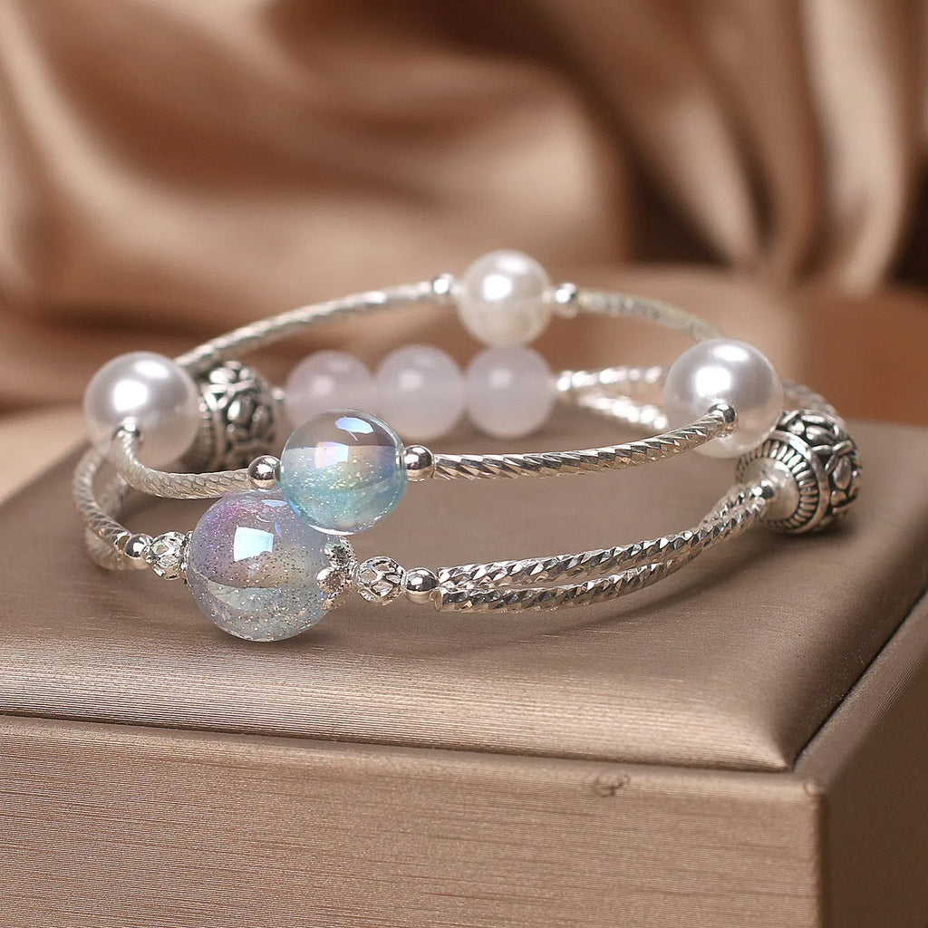 Light blue agate multi-circle twin crystal bracelet for women ethnic style