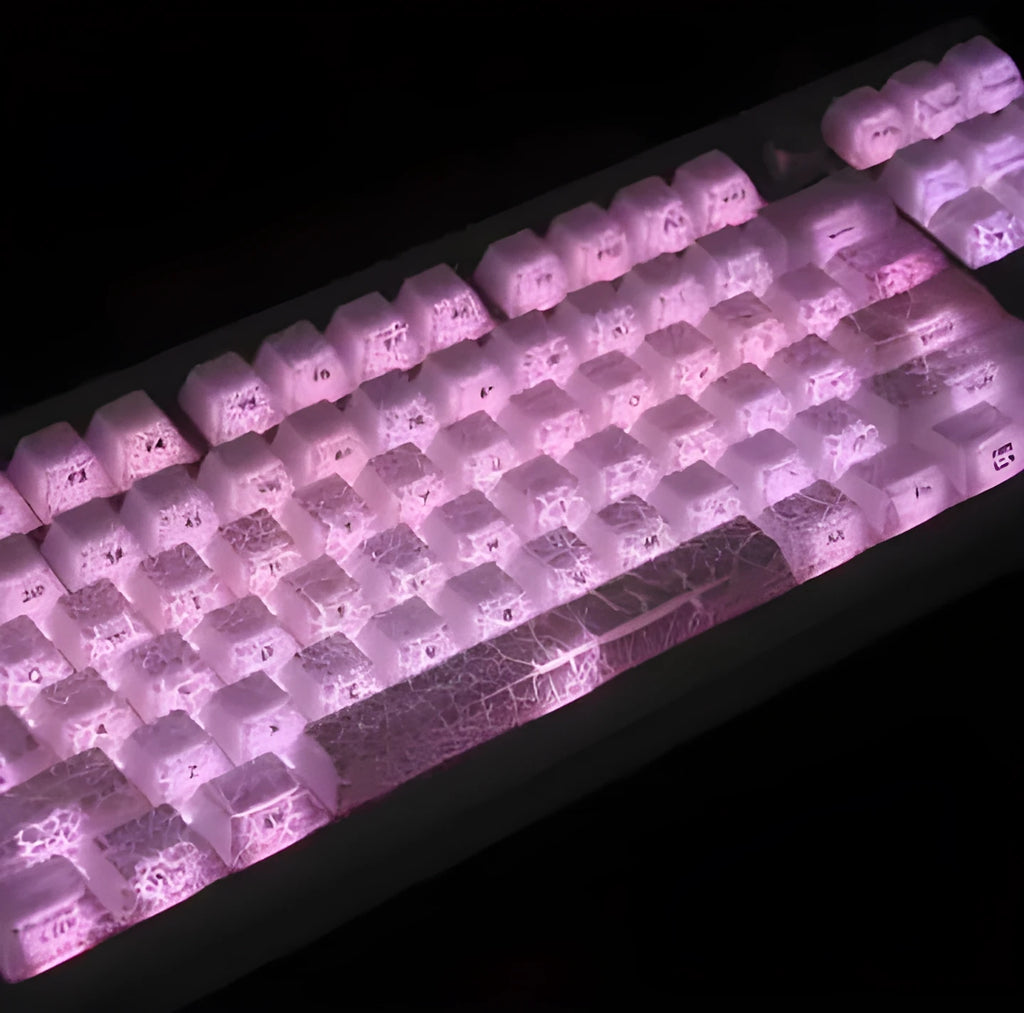 White Fission Side Carving transparent PC keycap set with white double stitching detail